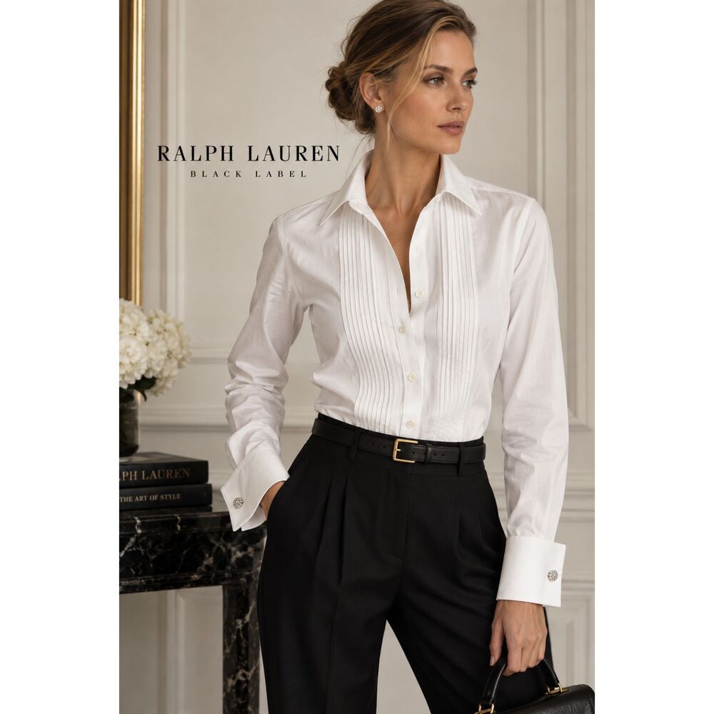 Ralph Lauren Black Label White Cotton Tuxedo Shirt Size 4 Crystal Cuff Buttons